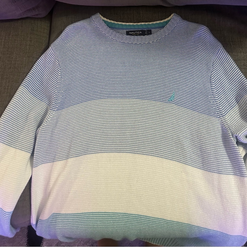 Nautica Men's Striped Blue and White Crewneck Sweater